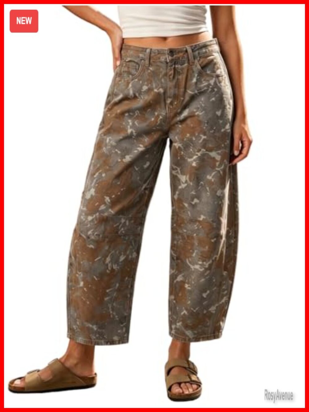 loveimgs Women Mid Rise Barrel Jeans Wide Leg Boyfriend Printed Denim Pants